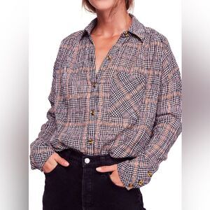 Free People Break My Stripe Plaid Button Down Shirt Black Gold oversized small